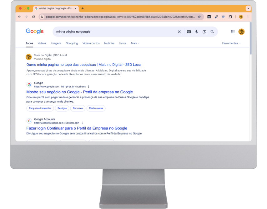 Computador com tela na página do Google com a pesquisa: minha página no google. Faça seu site aparecer no topo com estratégias de SEO feitos pela Malu no Digital