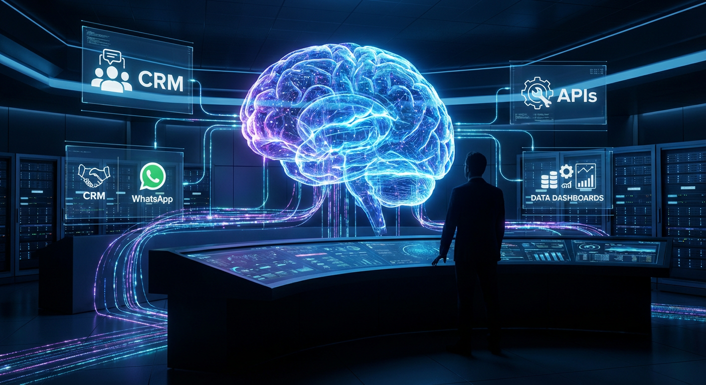 imagem de uma sala futurista em preto com neon azul, com um cérebro fazendo automatizar com inteligencia artificial, unindo o CRM ou ERP da empesa com WhatsApp